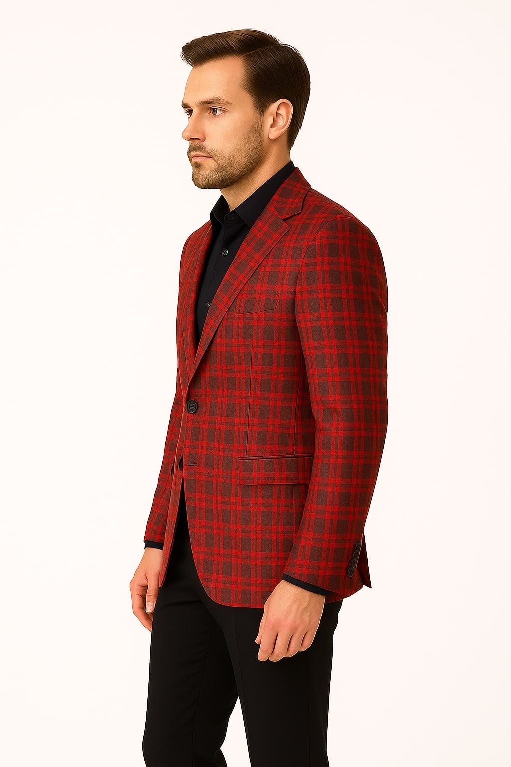 Mens Red Plaid Modern Fit Windowpane Check Blazer - Christmas Holiday Sport Coat Tartan Look - 44 Long
