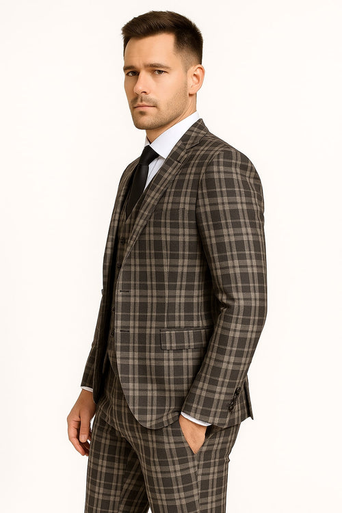 Men's Black and White Plaid Three-Piece Suit â€“ Modern Slim Fit Tuxedo for Church and Business