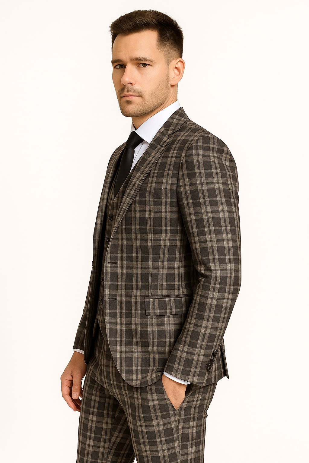 Men's Black and White Plaid Three-Piece Suit â€“ Modern Slim Fit Tuxedo for Church and Business