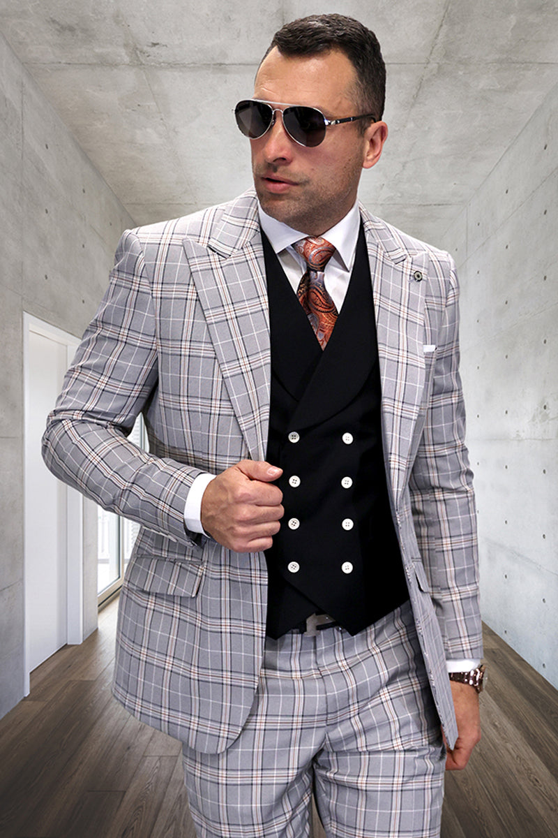 Men's Designer Wool Vested Windowpane Peak Lapel Suit in Black - 36 Short