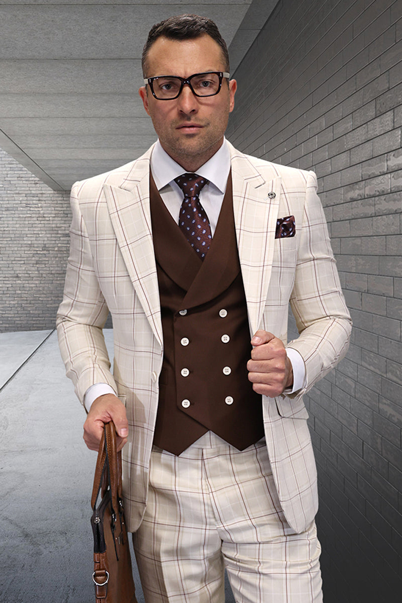 Men's Designer Wool Vested Windowpane Peak Lapel Suit in Tan - 36 Short