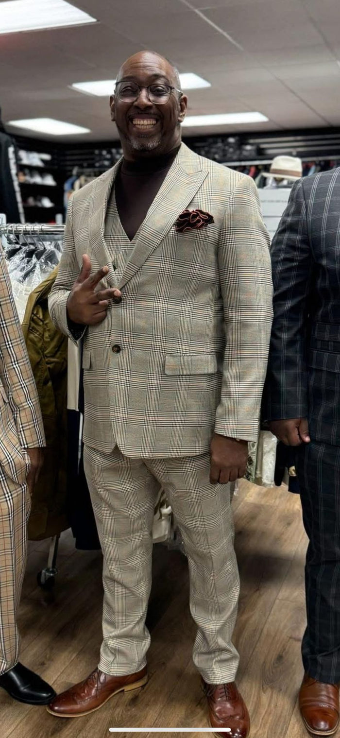 Mens Beige Plaid 3-Piece Suit Classic Checkered Suit for Weddings, Church Vested Checkered Pattern