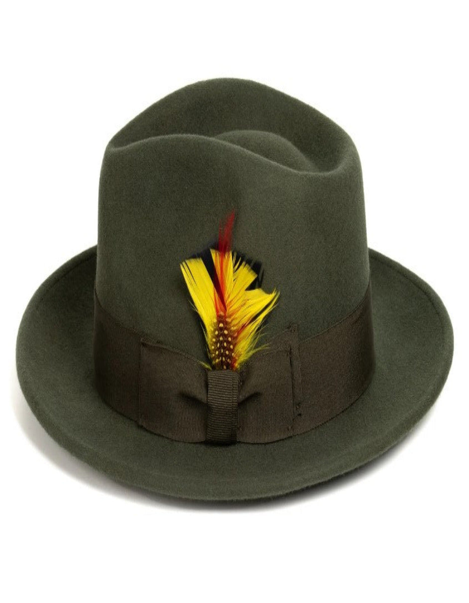 Olive Green Dress Hat 1920s Fedora Style - Mens Classic Wool Fedora Dress Hat in Olive Green - S