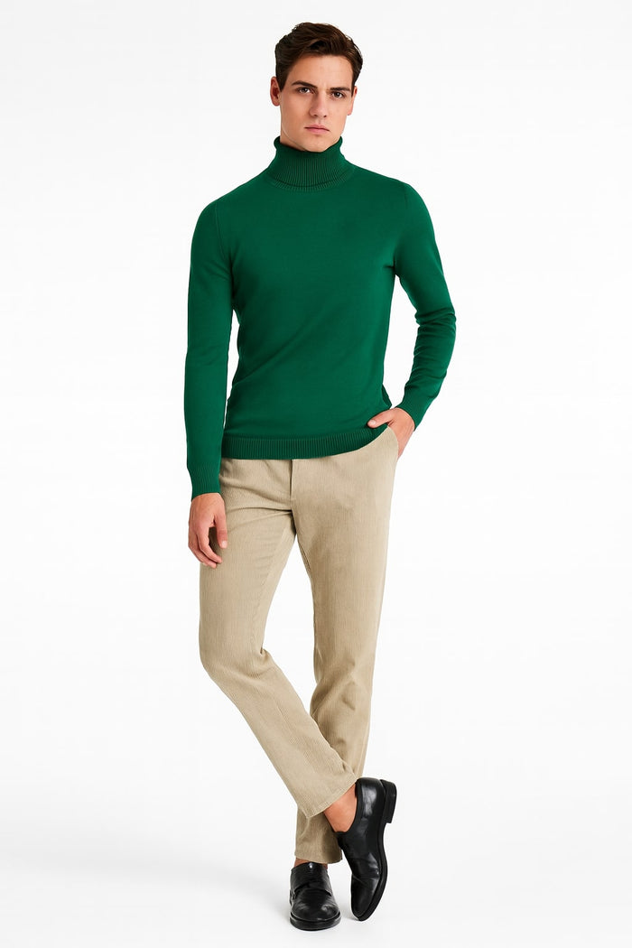 Mens Classic Emerald Green Turtleneck Sweater Slim Fit Knit Pullover