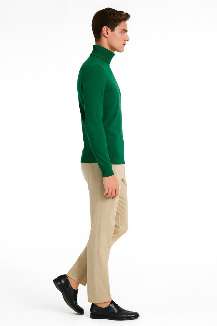 Mens Classic Emerald Green Turtleneck Sweater Slim Fit Knit Pullover