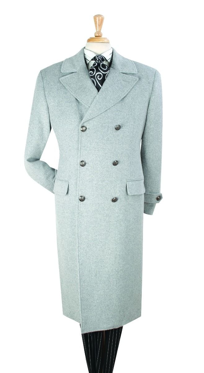Mens Light Gray Double-Breasted Wool Overcoat â€“ Classic Long Dress Coat for Winter - Coat Size 38