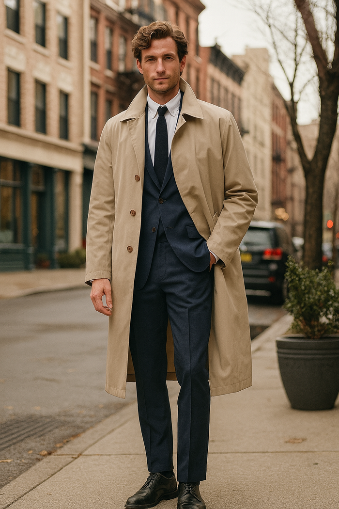 Mens Beige Trench Coat Classic Long Overcoat with Button Front - Raincoat in Khaki Color