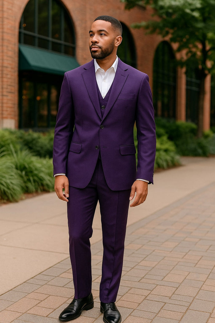 Mens Classic Three-Piece Purple Suit â€“ Formal Slim Fit Tuxedo Set with Vest