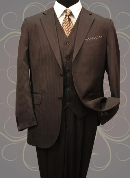 Classic Vested 3 Pieces 2 Button Dark Brown Stripe ~ Pinstripe Men's Suit Discounted Sale - 58R