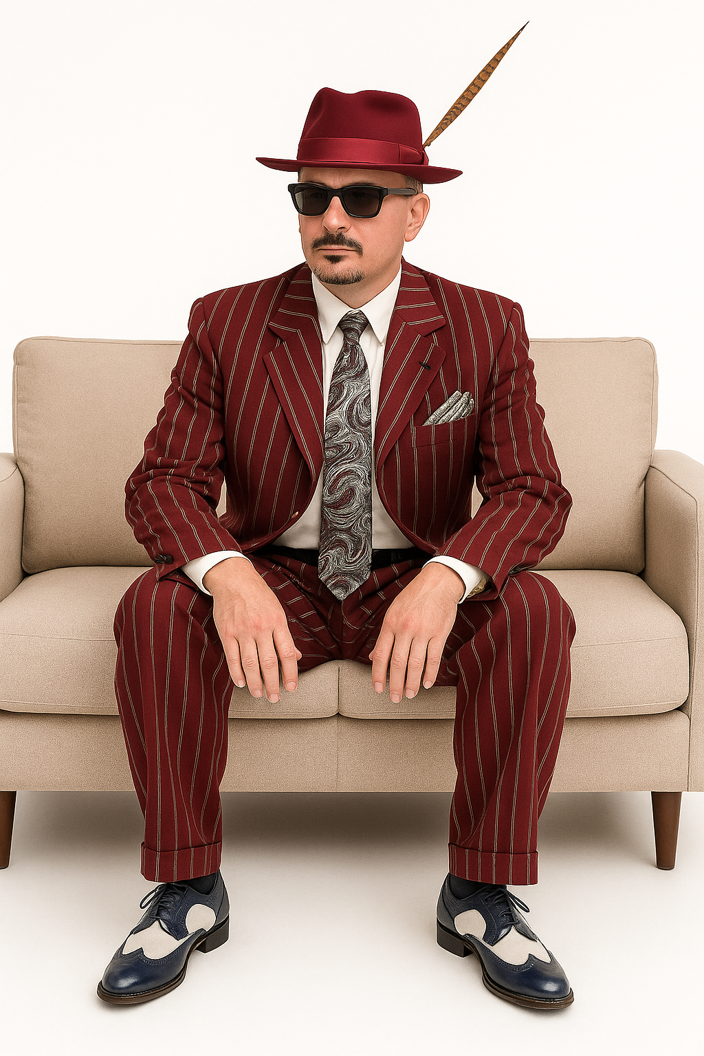 Burgundy Pinstripe Zoot Suit – 3 Piece 1920s/1930s Gangster Outfit (Jacket and Pants and Vest)  Vintage Fashion - 34 Short or Extra Small
