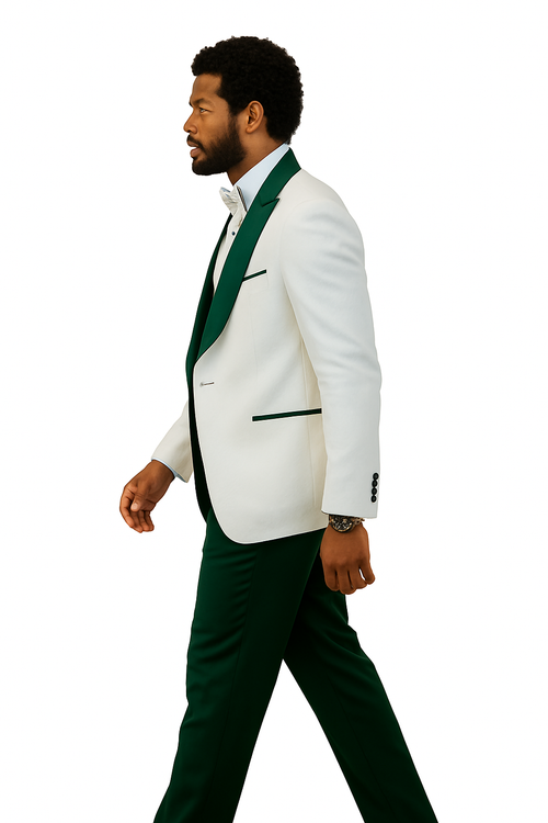 Hilton White and Hunter Green Paisley Peak Lapel Tuxedo Jacket with Matching Shawl Vest and Wool Pants Includes Bow Tie