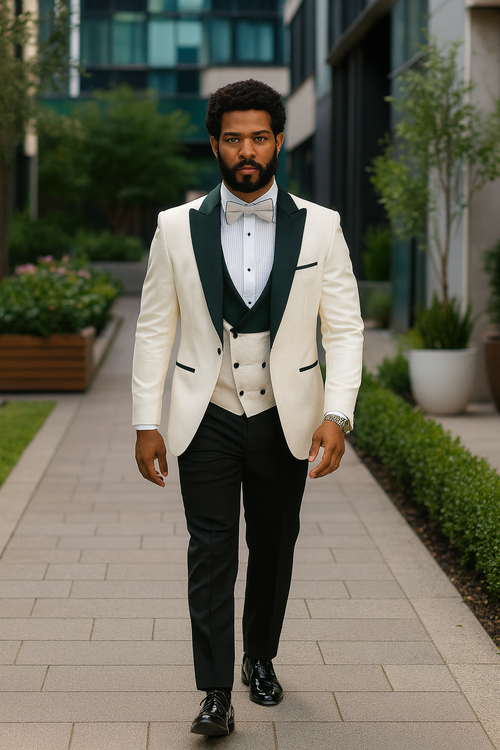 Hilton White and Black Paisley Peak Lapel Tuxedo Jacket with Matching Shawl Vest and Wool Pants Includes Bow Tie