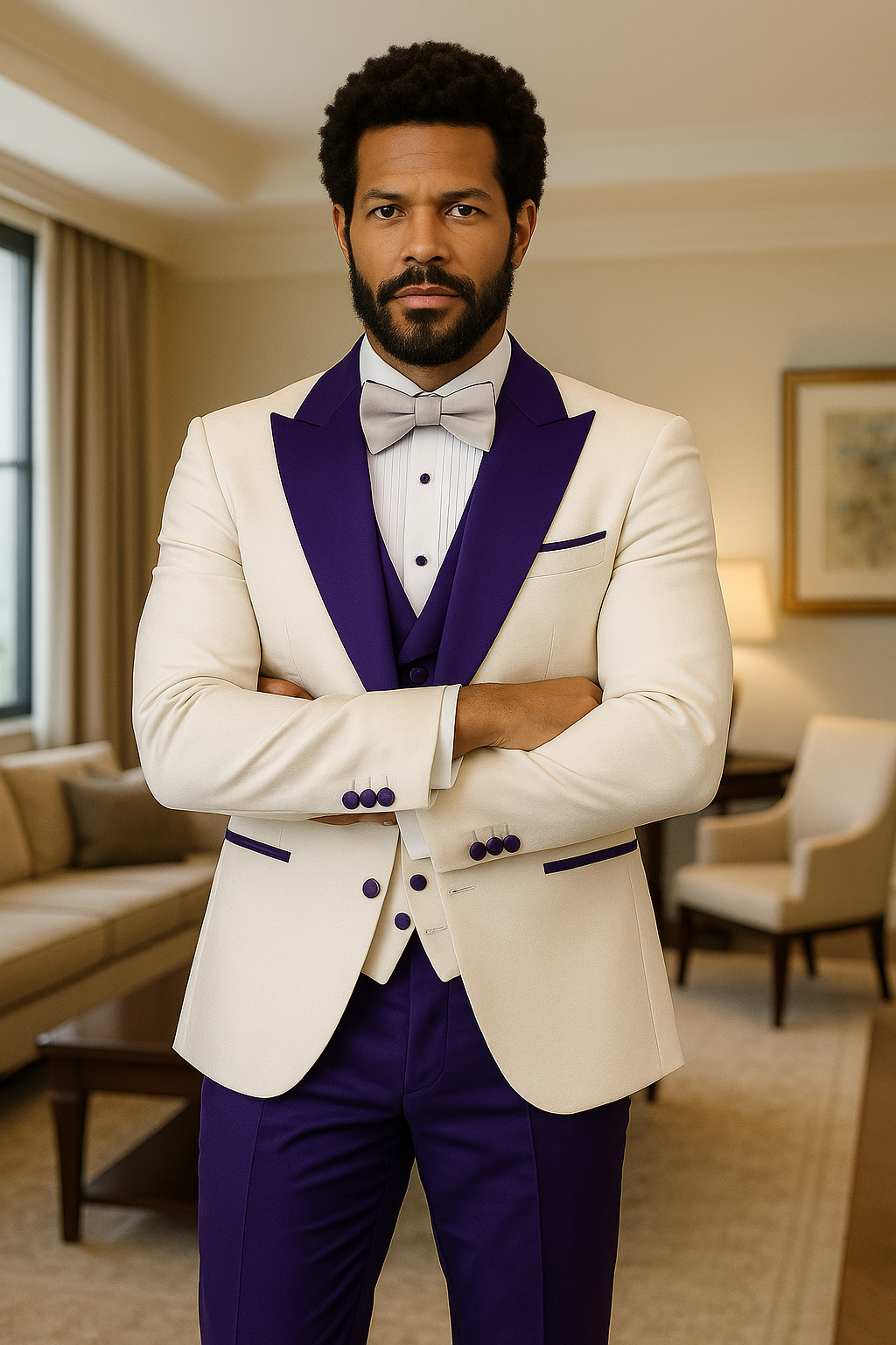 Hilton White and Purple Paisley Peak Lapel Tuxedo Jacket with Matching Shawl Vest and Wool Pants – Includes Bow Tie - 34 Short or Extra Small