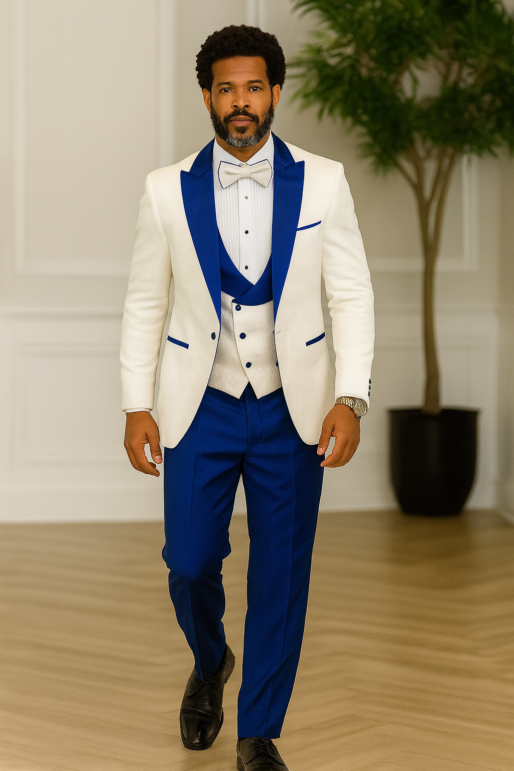 Hilton White and Royal Blue Paisley Peak Lapel Tuxedo Jacket with Matching Shawl Vest and Wool Pants – Includes Bow Tie - 34 Short or Extra Small