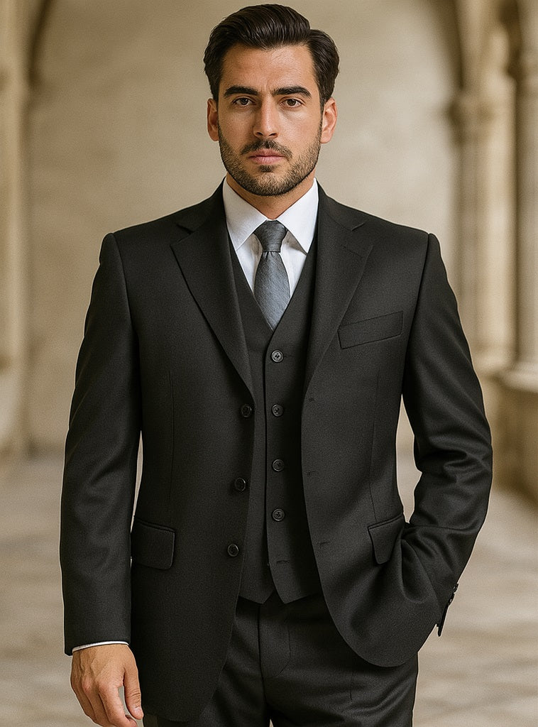 Classic Fit - 100% Dark Grey Suit - Three Button Vested Suit - Athletic Fit - 36 Regular Jacket+30 Waist Adjustable 26to32)Height: 5'7"-6')(Neck: 14.5-16:S)