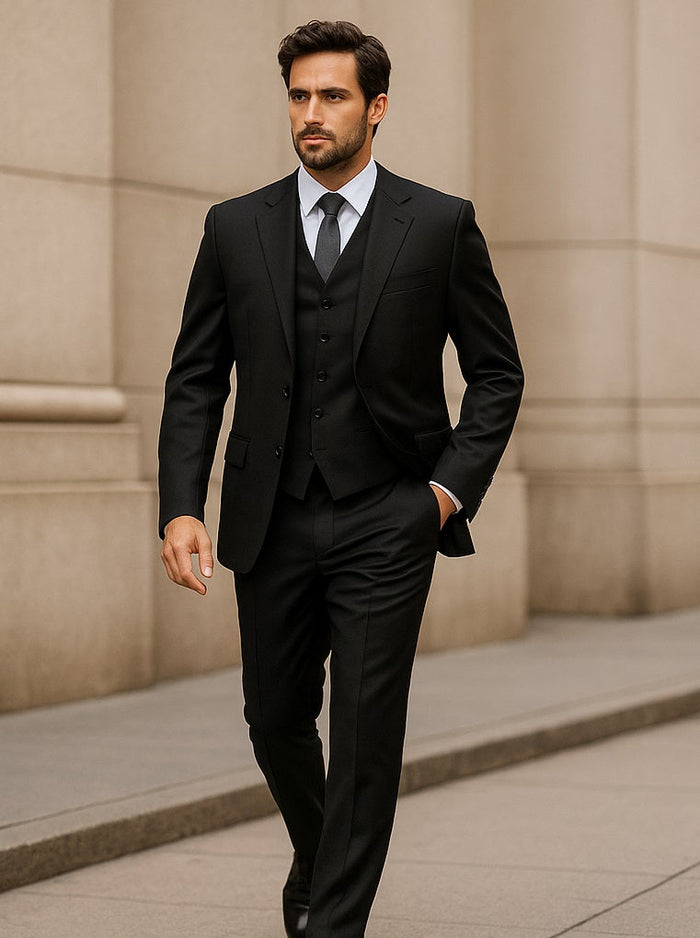 Classic Fit - 100% Dark Grey Suit - Three Button Vested Suit - Athletic Fit