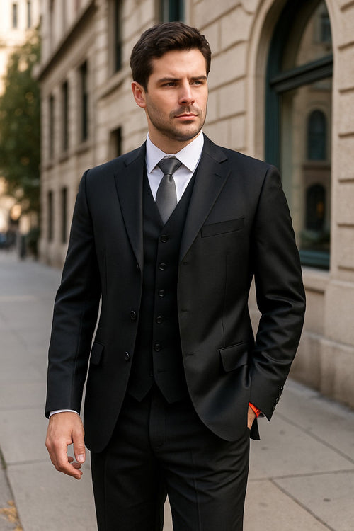 Classic Fit - Charcoal Suit - Three Button Vested Suit - Athletic Fit
