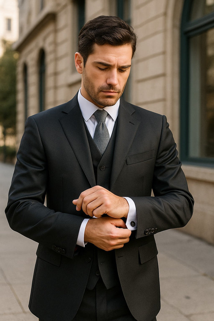 Classic Fit - Charcoal Suit - Three Button Vested Suit - Athletic Fit