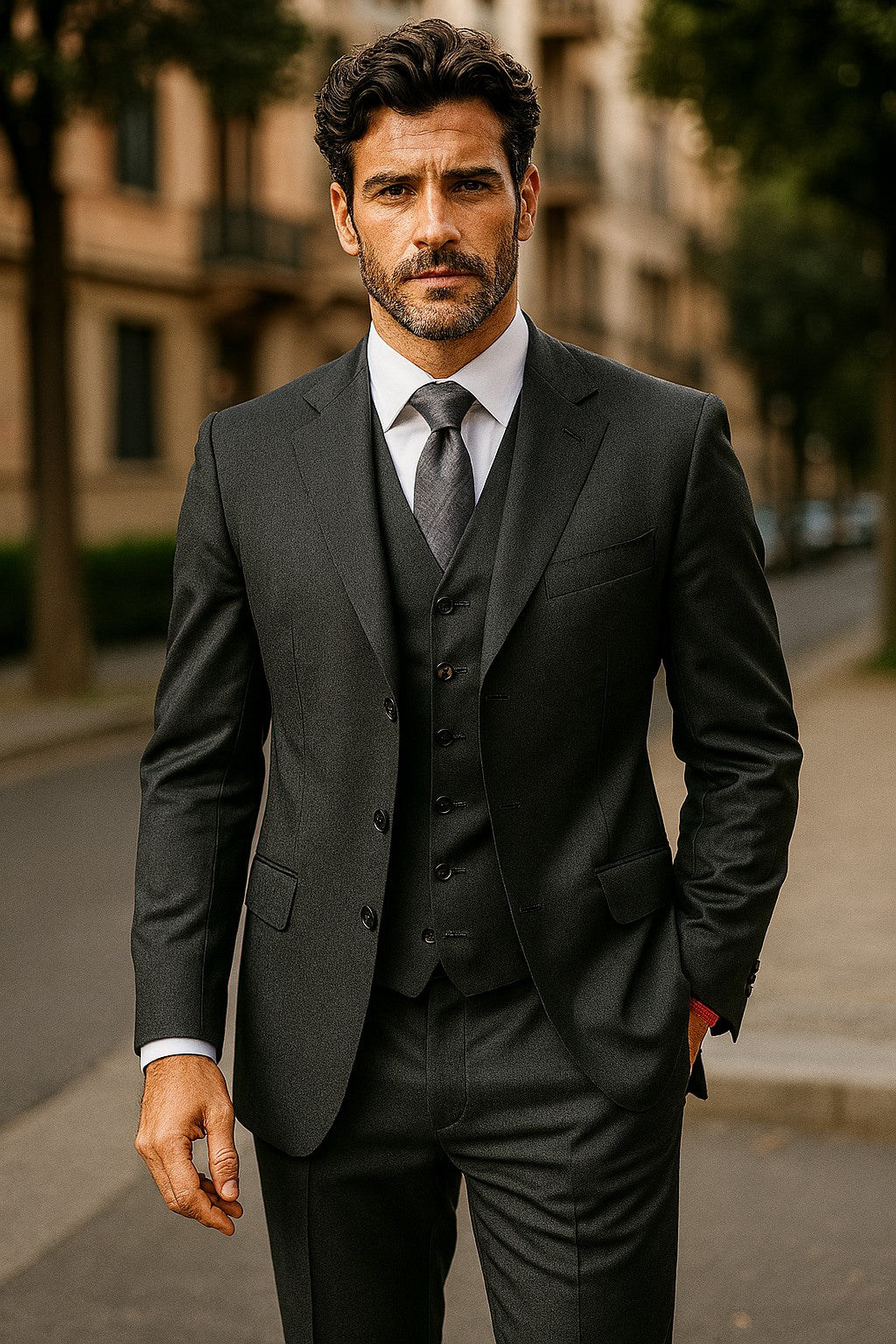 Classic Fit - Charcoal Suit - Three Button Vested Suit - Athletic Fit