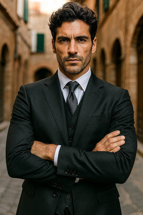 Classic Fit - Charcoal Suit - Three Button Vested Suit - Athletic Fit