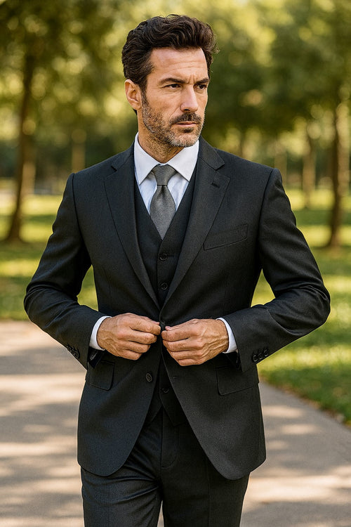 Classic Fit - Charcoal Suit - Three Button Vested Suit - Athletic Fit