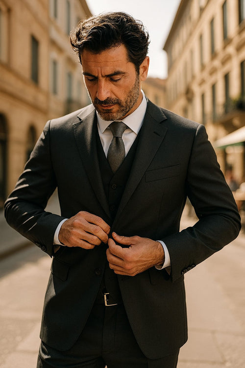Classic Fit - Charcoal Suit - Three Button Vested Suit - Athletic Fit