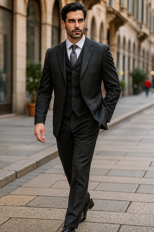 Classic Fit - Charcoal Suit - Three Button Vested Suit - Athletic Fit