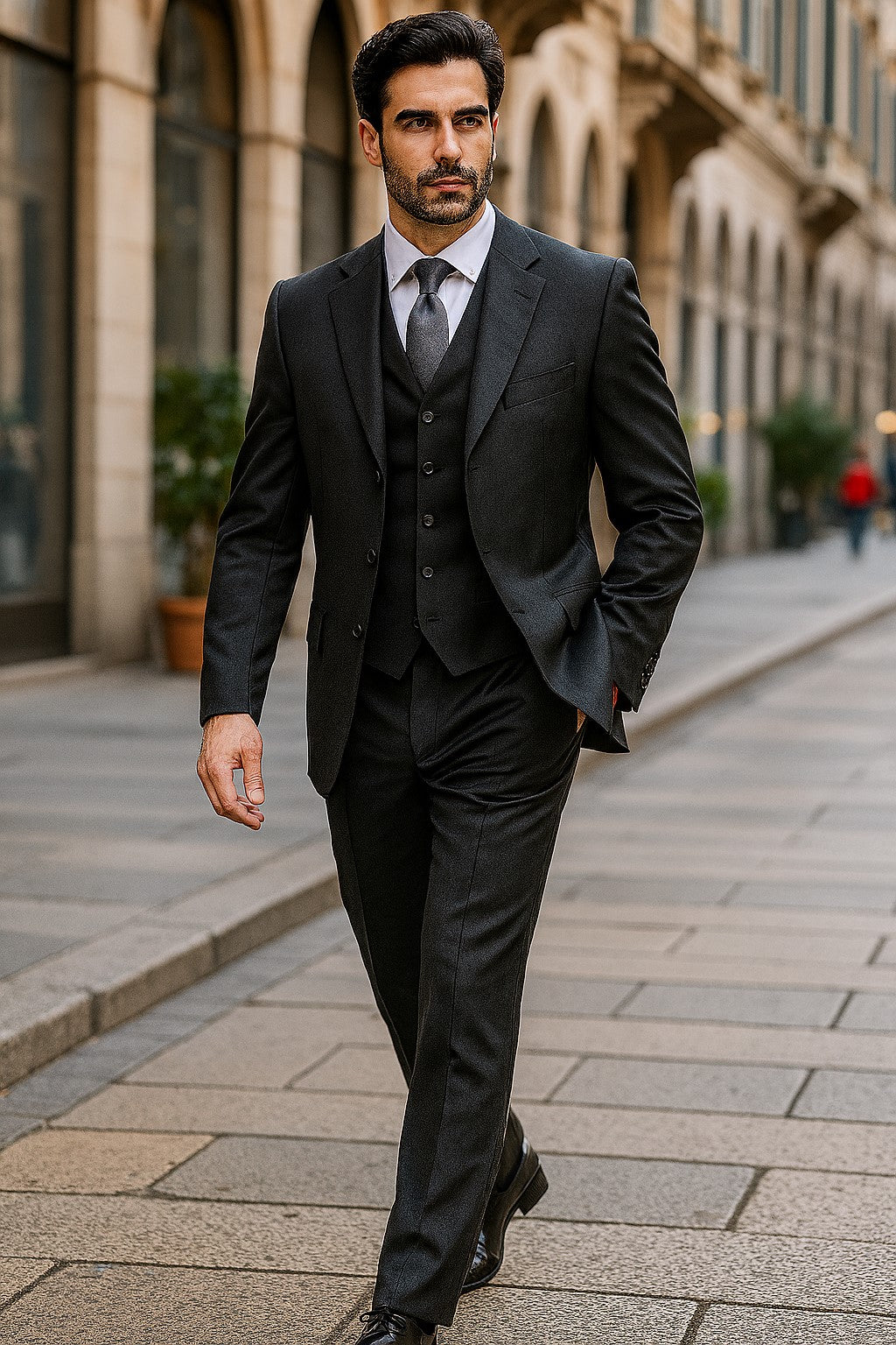 Classic Fit - Charcoal Suit - Three Button Vested Suit - Athletic Fit