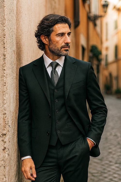 Classic Fit - Charcoal Suit - Three Button Vested Suit - Athletic Fit
