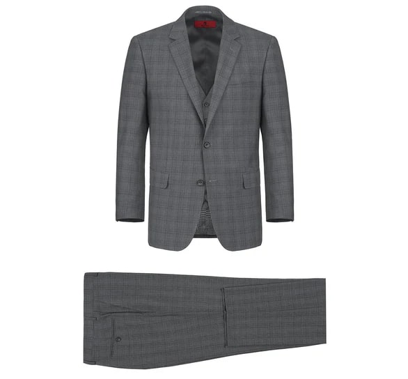 Renoir Clothing - Renoir Suit - Renoir Fashion - Performance 3-piece Classic Fit Grey Windowpane Check Renoir Suit - Coat Size 38