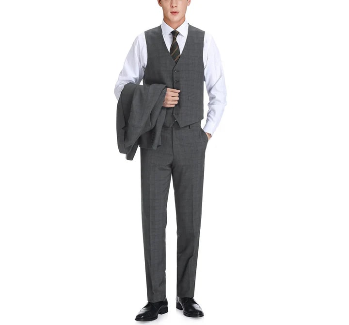 Cheap Suit - Mens Two Button Classic Fit Vested  Charcoal Grey Suit  Windowpane Plaid