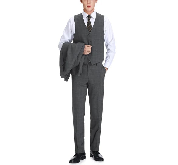 Renoir Clothing - Renoir Suit - Renoir Fashion - Performance 3-piece Classic Fit Grey Windowpane Check Renoir Suit - Coat Size 38