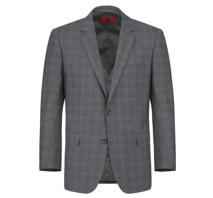 Cheap priced Suit  - Mens Two Button Classic Fit Vested  Charcoal Grey Suit  Windowpane Plaid - 38 Short Jacket+32 Waist Adjustable 28to34)(Height: 5 4 to5 7 )(Neck  15-16.5)S-M)