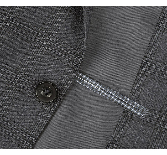 Cheap priced Suit  - Mens Two Button Classic Fit Vested  Charcoal Grey Suit  Windowpane Plaid