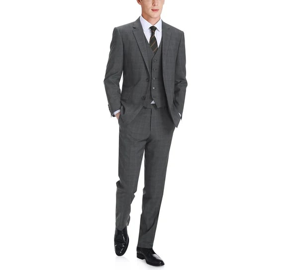 Renoir Clothing - Renoir Suit - Renoir Fashion - Performance 3-piece Classic Fit Grey Windowpane Check Renoir Suit - Coat Size 38