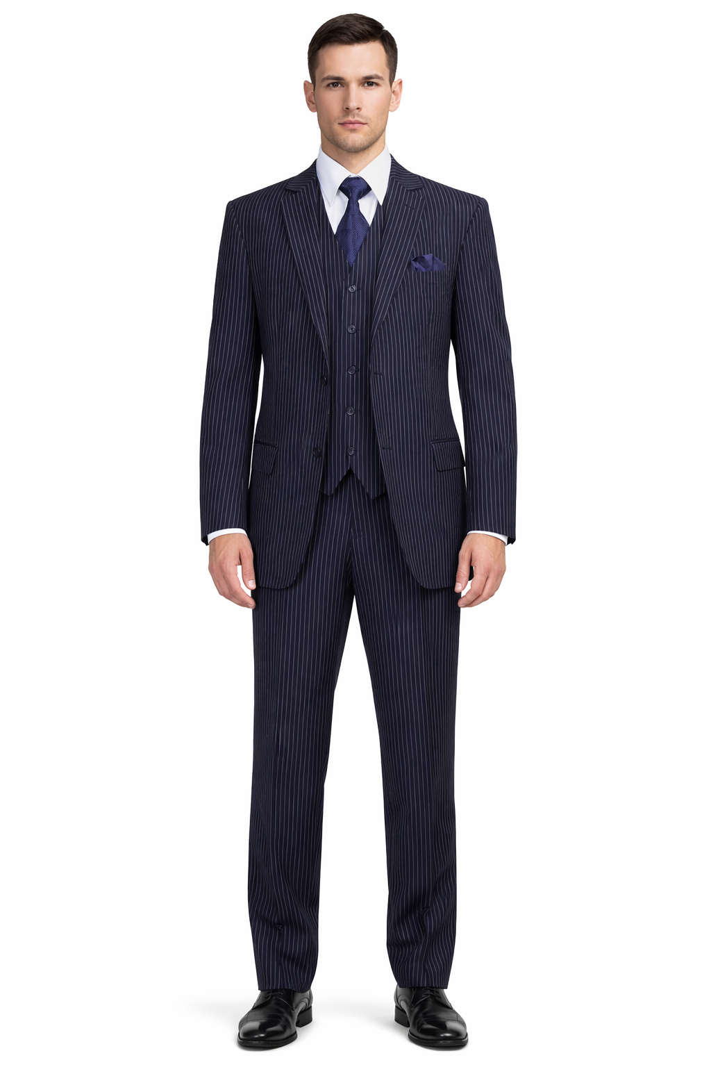 Classic Fit Pleated Pants - 2 Button Suit Pinstripe - Vested Suit 3 Pieces Suits Navy