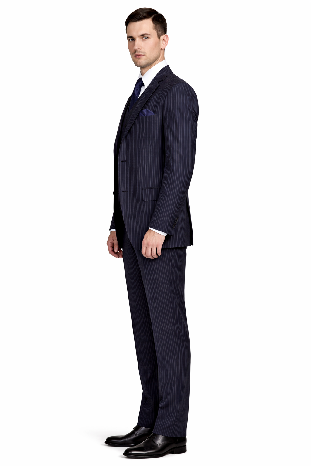 Classic Fit Pleated Pants - 2 Button Suit Pinstripe - Vested Suit 3 Pieces Suits Navy - 38 Short Jacket+32 Waist Adjustable 28to34)(Height: 5’4”to5’7”)(Neck 15-16.5)S-M)