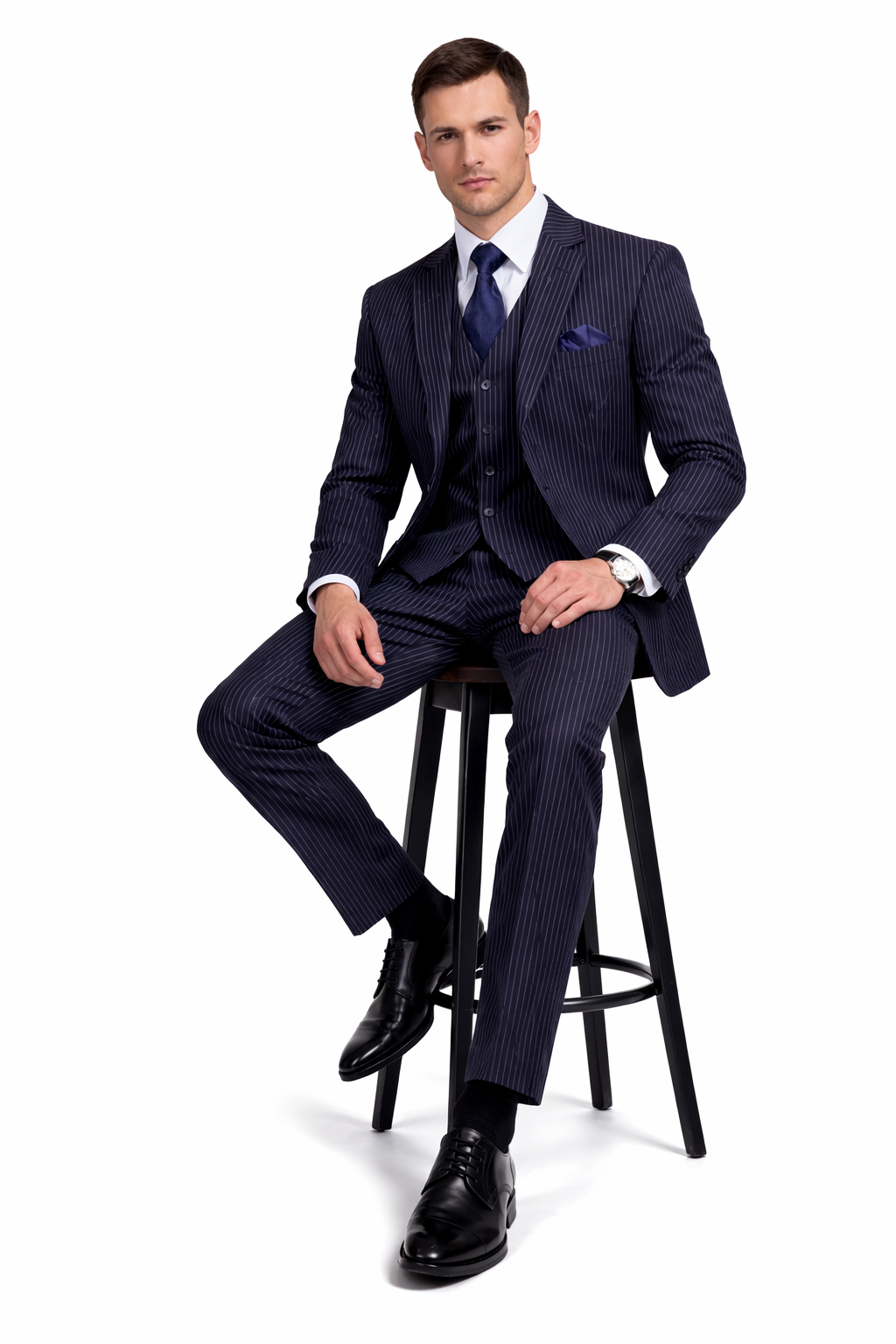 Classic Fit Pleated Pants - 2 Button Suit Pinstripe - Vested Suit 3 Pieces Suits Navy - 38 Short Jacket+32 Waist Adjustable 28to34)(Height: 5’4”to5’7”)(Neck 15-16.5)S-M)