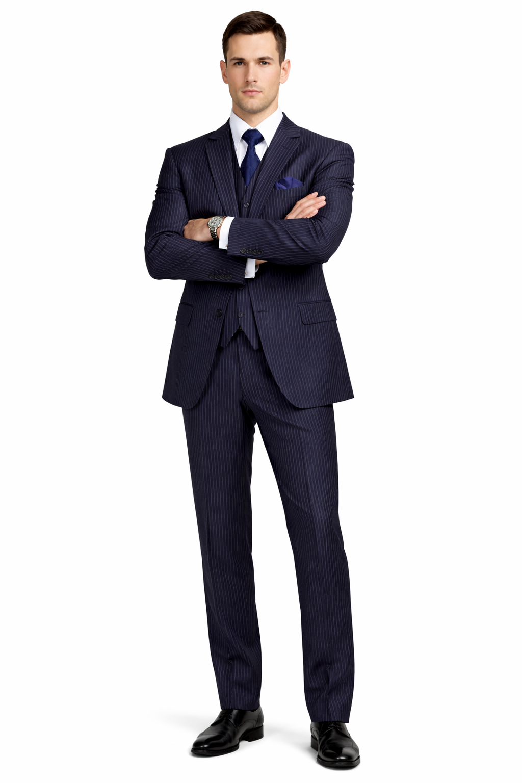 Classic Fit Pleated Pants - 2 Button Suit Pinstripe - Vested Suit 3 Pieces Suits Navy - 38 Short Jacket+32 Waist Adjustable 28to34)(Height: 5’4”to5’7”)(Neck 15-16.5)S-M)