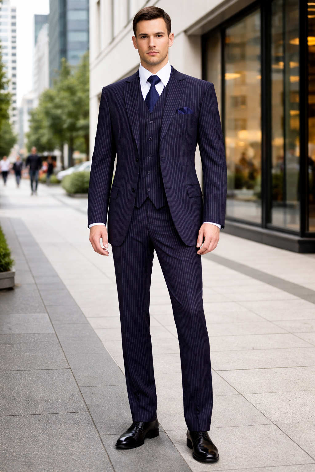 Classic Fit Pleated Pants - 2 Button Suit Pinstripe - Vested Suit 3 Pieces Suits Navy - 38 Short Jacket+32 Waist Adjustable 28to34)(Height: 5’4”to5’7”)(Neck 15-16.5)S-M)