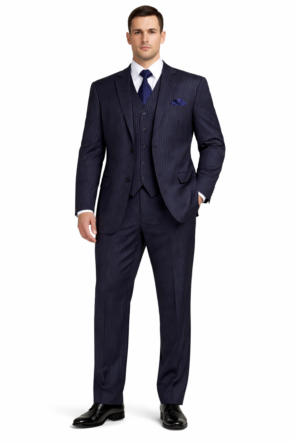 Classic Fit Pleated Pants - 2 Button Suit Pinstripe - Vested Suit 3 Pieces Suits Navy - 38 Short Jacket+32 Waist Adjustable 28to34)(Height: 5’4”to5’7”)(Neck 15-16.5)S-M)