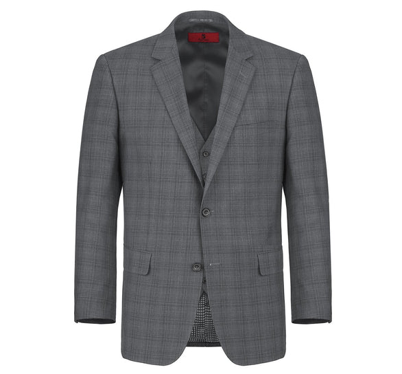 Renoir Clothing - Renoir Suit - Renoir Fashion - Performance 3-piece Classic Fit Grey Windowpane Check Renoir Suit - Coat Size 38