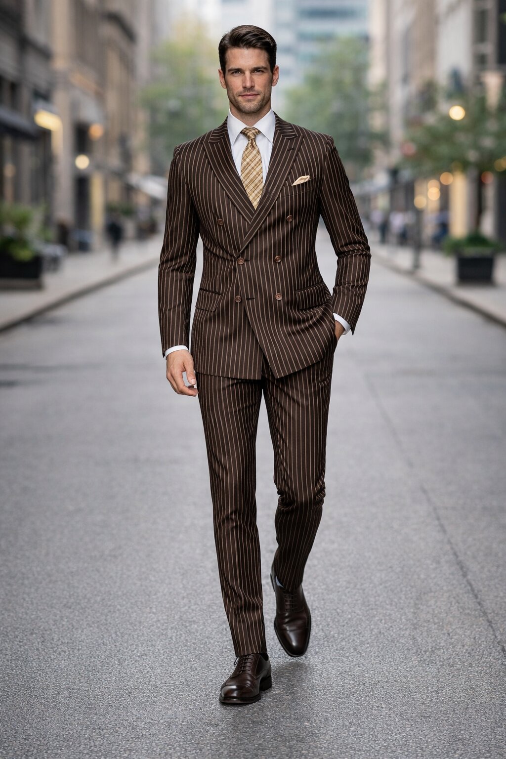 Men's Designer Double Breasted Wool Suit in Bold Brown Gangster Pinstripe.