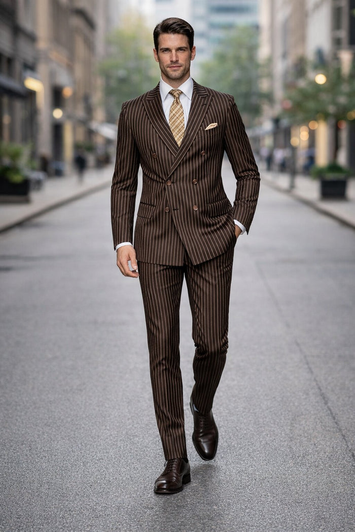 Men's Designer Double Breasted Wool Suit in Bold Brown Gangster Pinstripe.