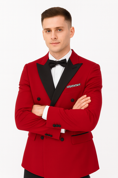 Double Breasted Tuxedo - Velvet Dinner Jacket with Pants in Color Red