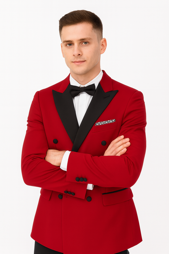 Double Breasted Tuxedo - Velvet Dinner Jacket with Pants in Color Red