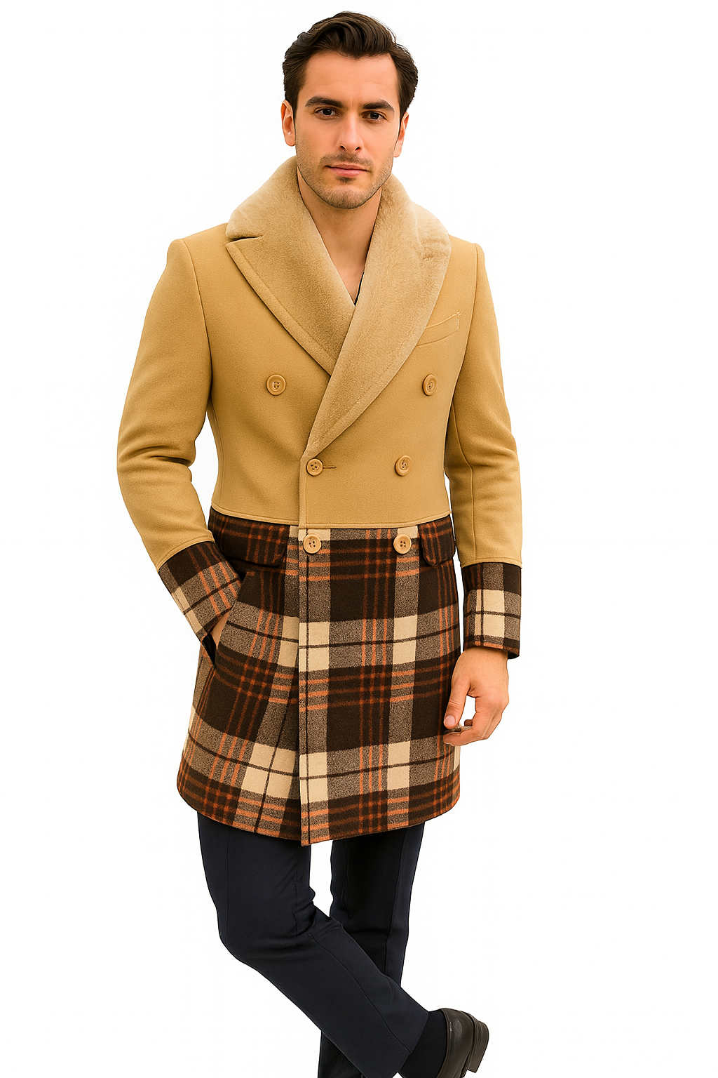 Mens Wool Plaid Peacoat - Plaid Pattern Wool camel-tan Coat - Coat Size 38