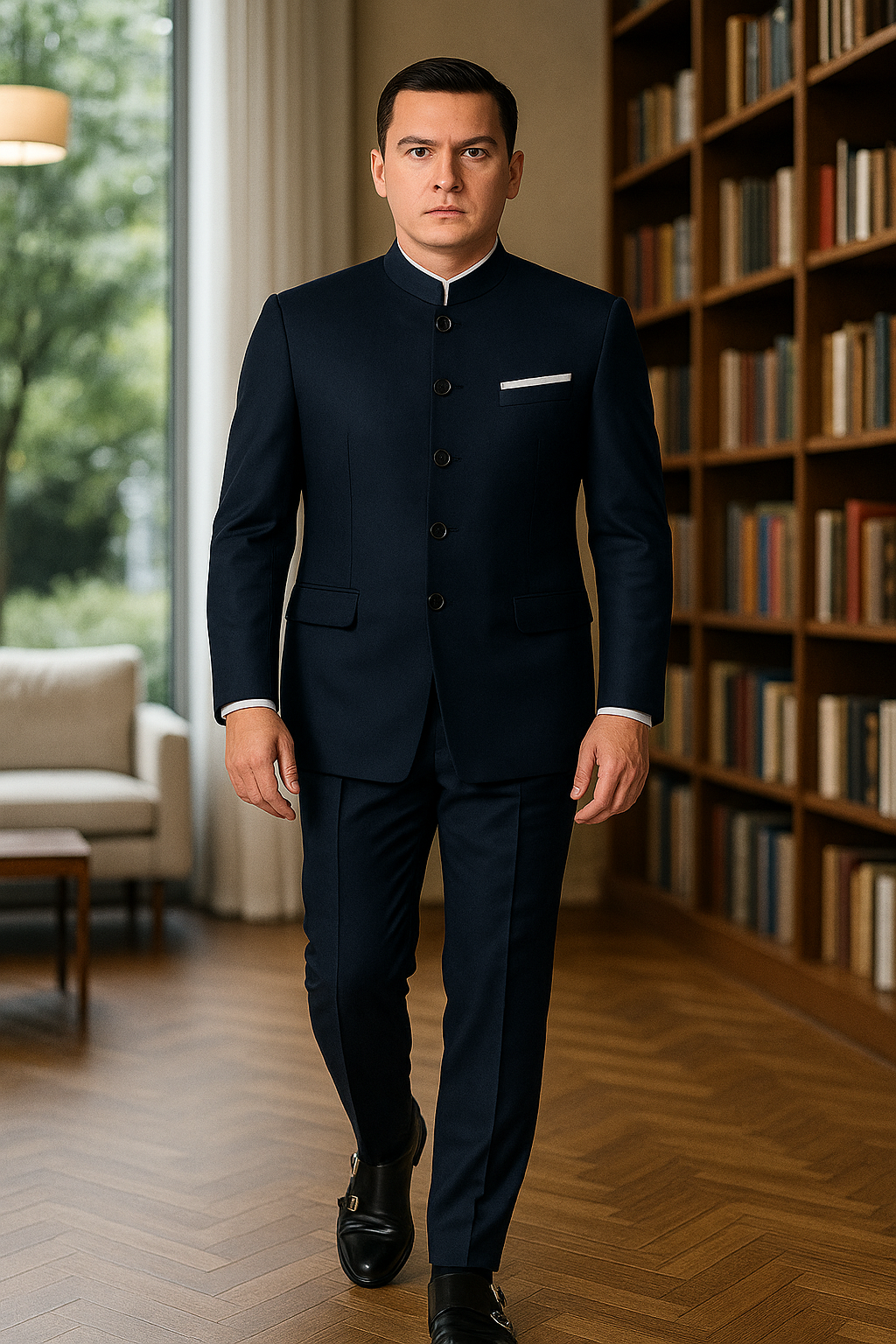 Mandarin Suit - Navy Blue Color Banded Collar Suit - Chines Collar in Color Dark Blue - Coat Size 38