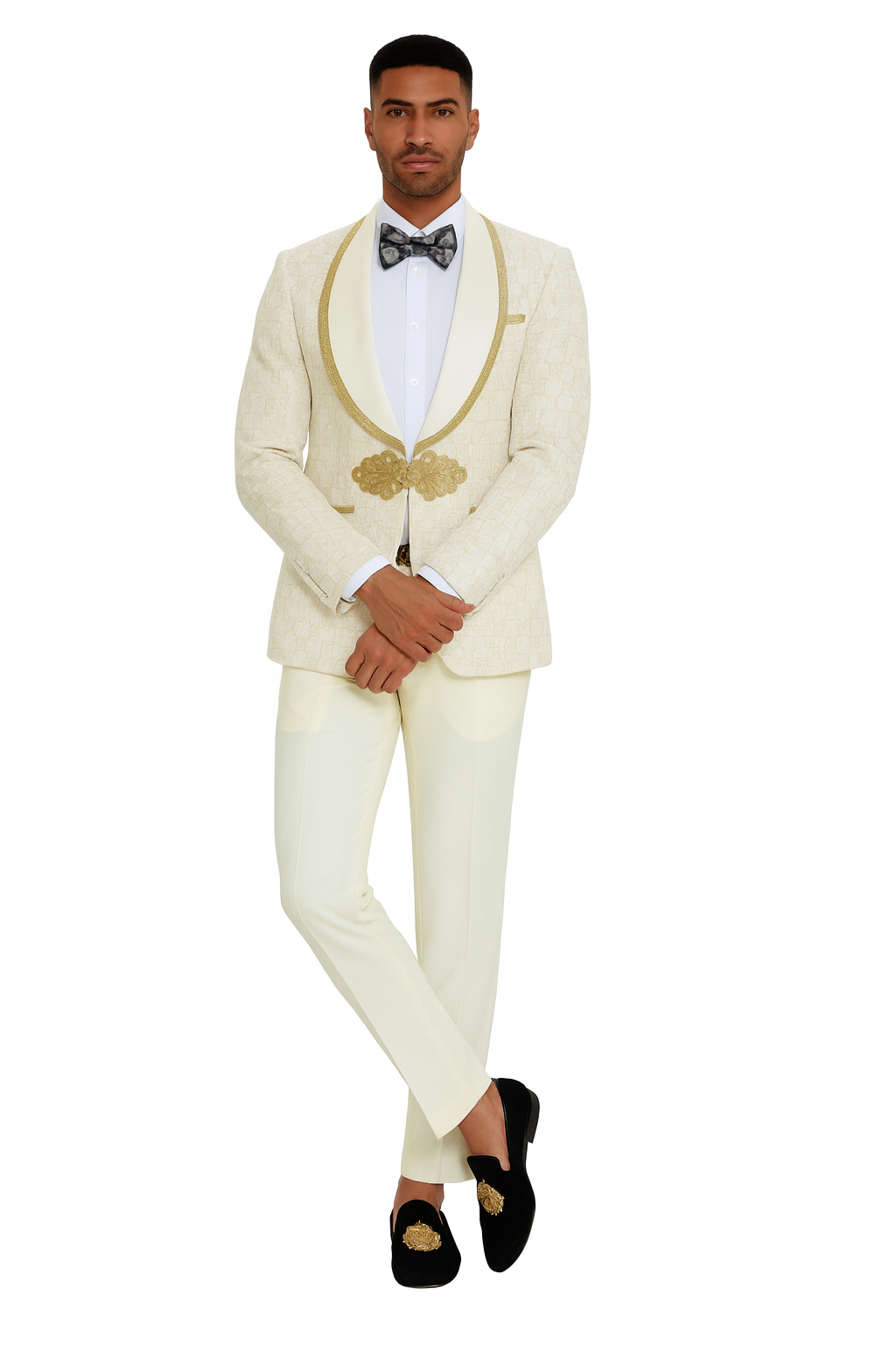 2025 Ivory and Gold 2pc Men's Prom 2025 Suit by Tazzio - 38 Short Jacket+32 Waist Adjustable 28to34)(Height: 5 4 to5 7 )(Neck  15-16.5)S-M)