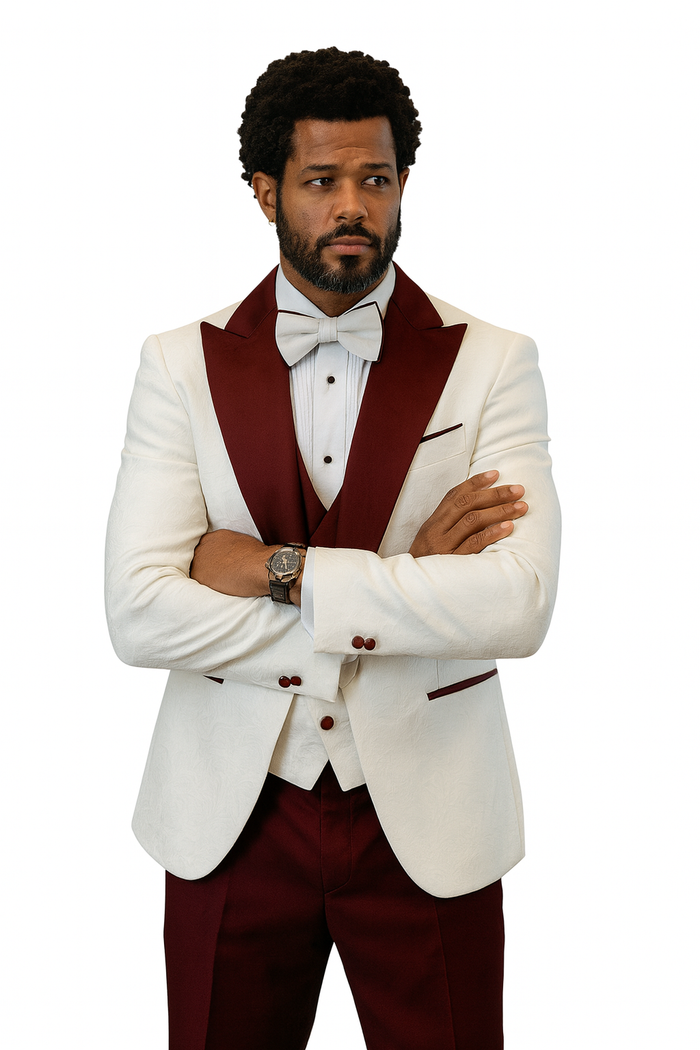 Hilton White and Burgundy Paisley Peak Lapel Tuxedo Jacket with Matching Shawl Vest and Wool Pants Includes Bow Tie
